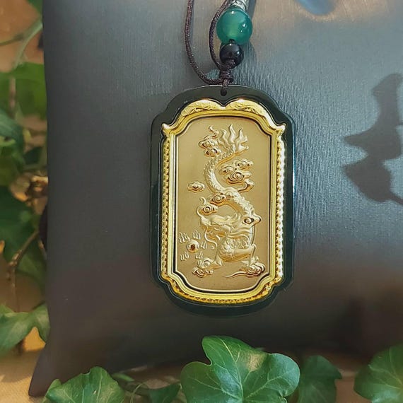 Djade-certified Natural Green Inlaid 999 Gold Nephrite Jade Dragon