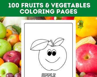 Puede incluir: Página para colorear en blanco y negro de una manzana con una cara sonriente y la palabra "MANZANA" debajo. La manzana está rodeada de una variedad de frutas y verduras.