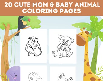 20 Cute Mom And Baby Animal Coloring Pages Bundle, Cute Baby Animal Printables, Mother's Day Cute Animal Coloring Book, Instant Download!