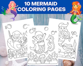 Paquete de 10 páginas para colorear de sirena imprimibles, linda sirena imprimible, hojas de actividades de sirena, descarga instantánea