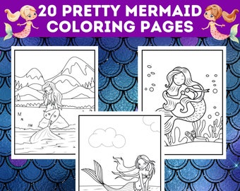 20 Pretty Mermaid Coloring Pages Bundle For Kids, Cute Mermaid Coloring Book, Perfect Mermaid Themed Kids Party Activity, Instant Download!