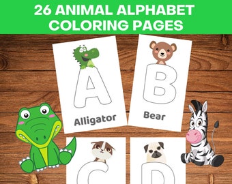 26 Printable Animal Alphabet Coloring Pages Bundle, Cute Animals Printable, Animal Alphabet Coloring Sheets, Instant Download