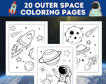 May include: A set of four black and white coloring pages featuring outer space themes. The pages include a rocket ship, a planet with rings, a moon with craters, a comet, a UFO, and an astronaut.