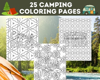 25 målarbilder med camping, utskrivbara utomhusäventyr, målarbild med campingcitat, målarbok med camping, direktnedladdning