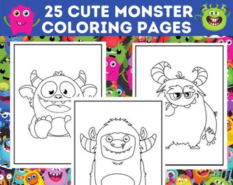 25 schattige monster kleurplaten bundel, grappig monster afdrukbaar om in te kleuren, monster kleurboek, perfect voor kinderen verjaardag, direct downloaden!