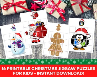 16 Printable Christmas Jigsaw Puzzles Bundle, Each Jigsaw Has 16 Pieces, Jigsaw Puzzles For Kids, Instant Download