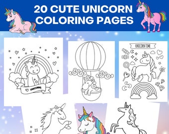May include: 20 Cute Unicorn Coloring Pages. A collection of black and white coloring pages featuring unicorns in various poses, including a unicorn in a hot air balloon, a unicorn holding a heart, and a unicorn with a rainbow.