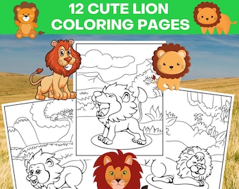 12 Printable Lion Coloring Pages Bundle, Cute Lion Printable, Lion Coloring Sheets, Lion Coloring Book, Instant Download
