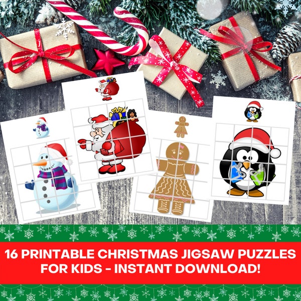 16 Printable Christmas Jigsaw Puzzles Bundle, Each Jigsaw Has 16 Pieces, Jigsaw Puzzles For Kids, Instant Download