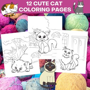 12 Printable Cat Coloring Pages Bundle, Cute Cat Printable, Kitten Coloring Sheets, Cat Coloring Book, Instant Download