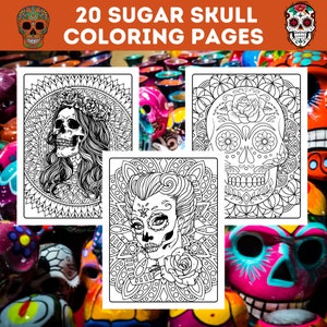 May include: Three black and white sugar skull coloring pages with intricate designs. The pages feature a skull with flowers, a skull with a woman's face, and a skull with a floral pattern. The pages are surrounded by colorful sugar skulls.
