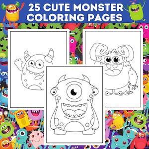 May include: Three black and white monster coloring pages. The pages feature different monster designs, including one-eyed and multi-eyed creatures, with various horns and expressions. The image includes the text "25 CUTE MONSTER COLORING PAGES".