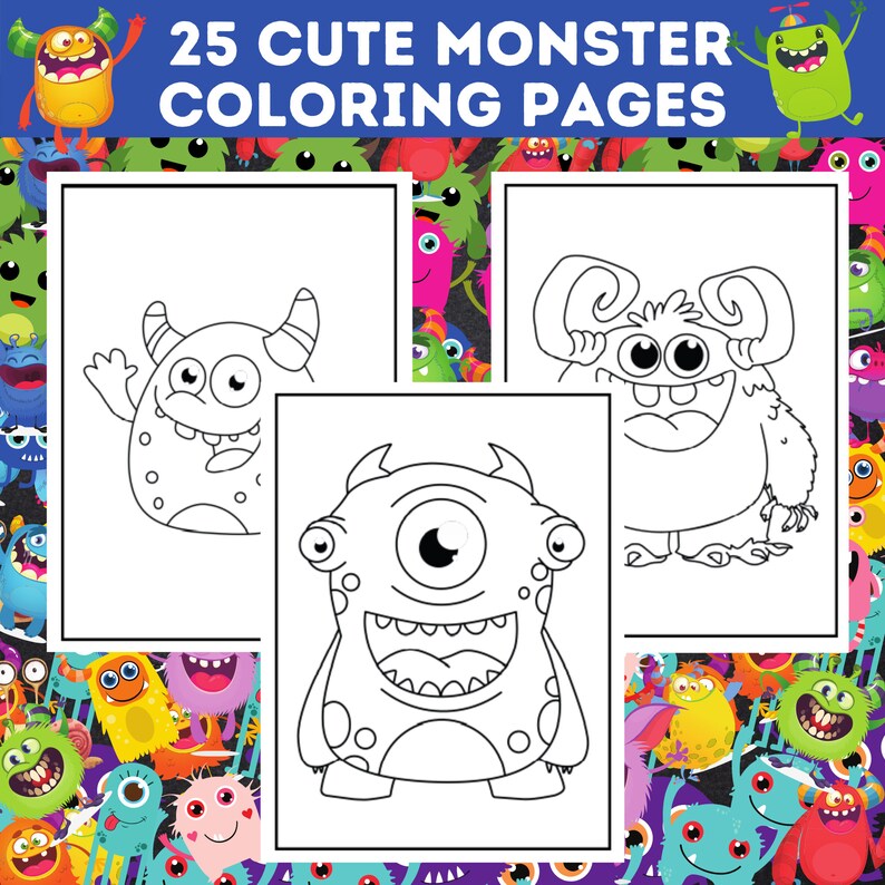 May include: Three black and white monster coloring pages. The pages feature different monster designs, including one-eyed and multi-eyed creatures, with various horns and expressions. The image includes the text "25 CUTE MONSTER COLORING PAGES".