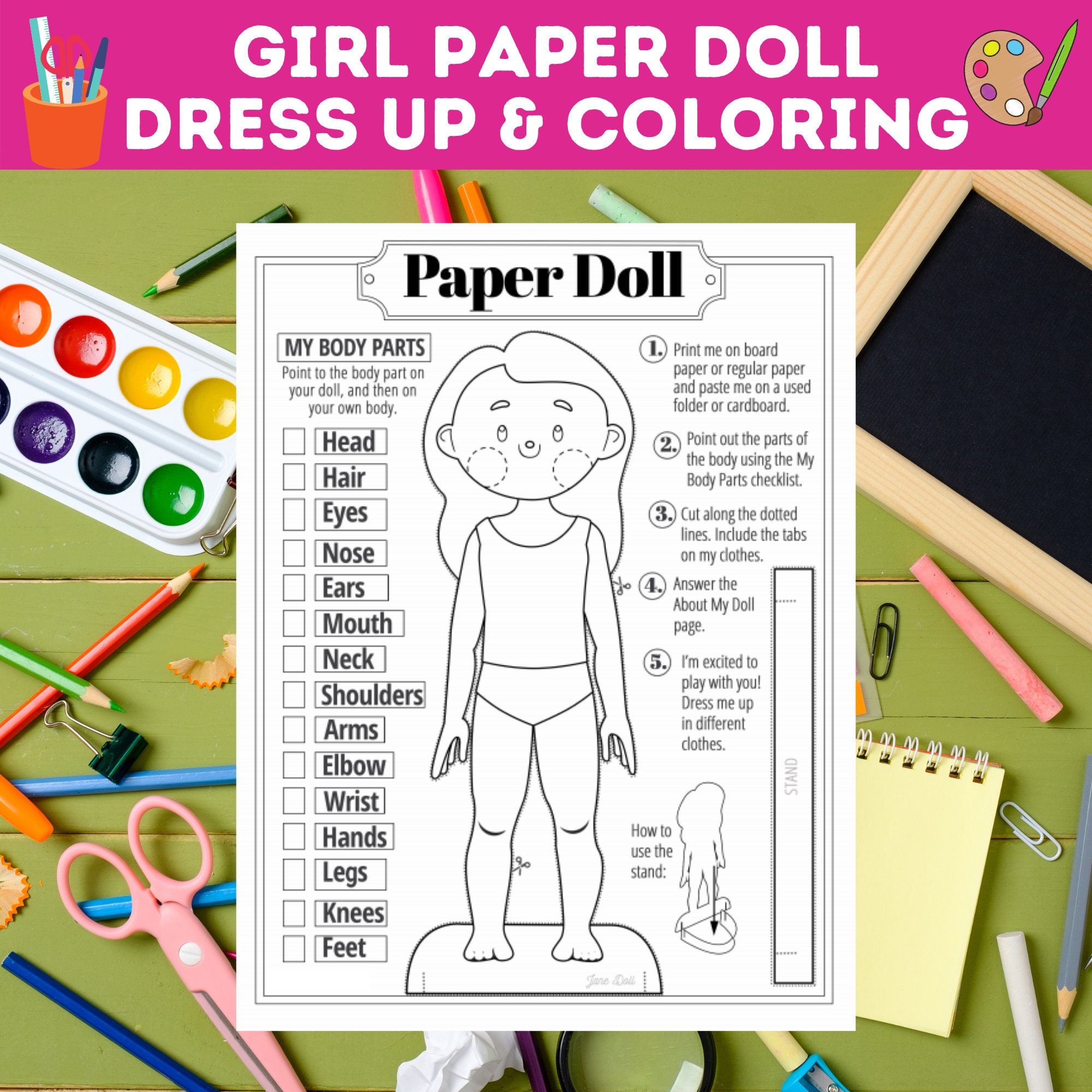 Girl Paper Doll Dress up and Coloring Pages, Comes With Stand, Body ...
