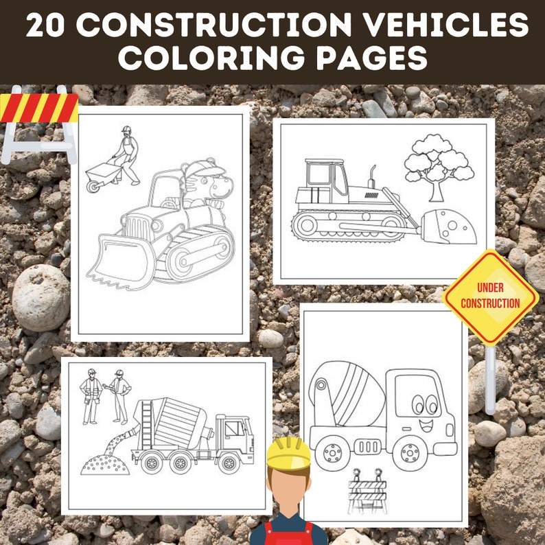 20 Construction Vehicle Coloring Pages Bundle, Construction Vehicles