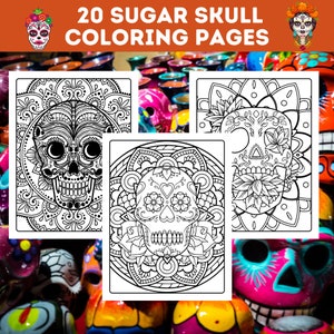 May include: 20 Sugar Skull Coloring Pages.  Black and white illustrations of sugar skulls with intricate designs.  These coloring pages are perfect for adults and children who enjoy coloring and celebrating Dia de los Muertos.