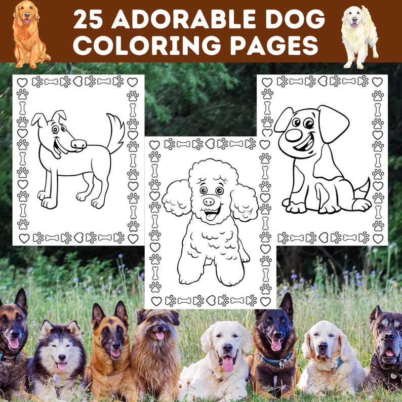 May include: 25 Adorable Dog Coloring Pages.  Black and white illustrations of dogs in various poses, including a poodle, a terrier, and a retriever.  Each illustration is surrounded by a border of hearts and bones.