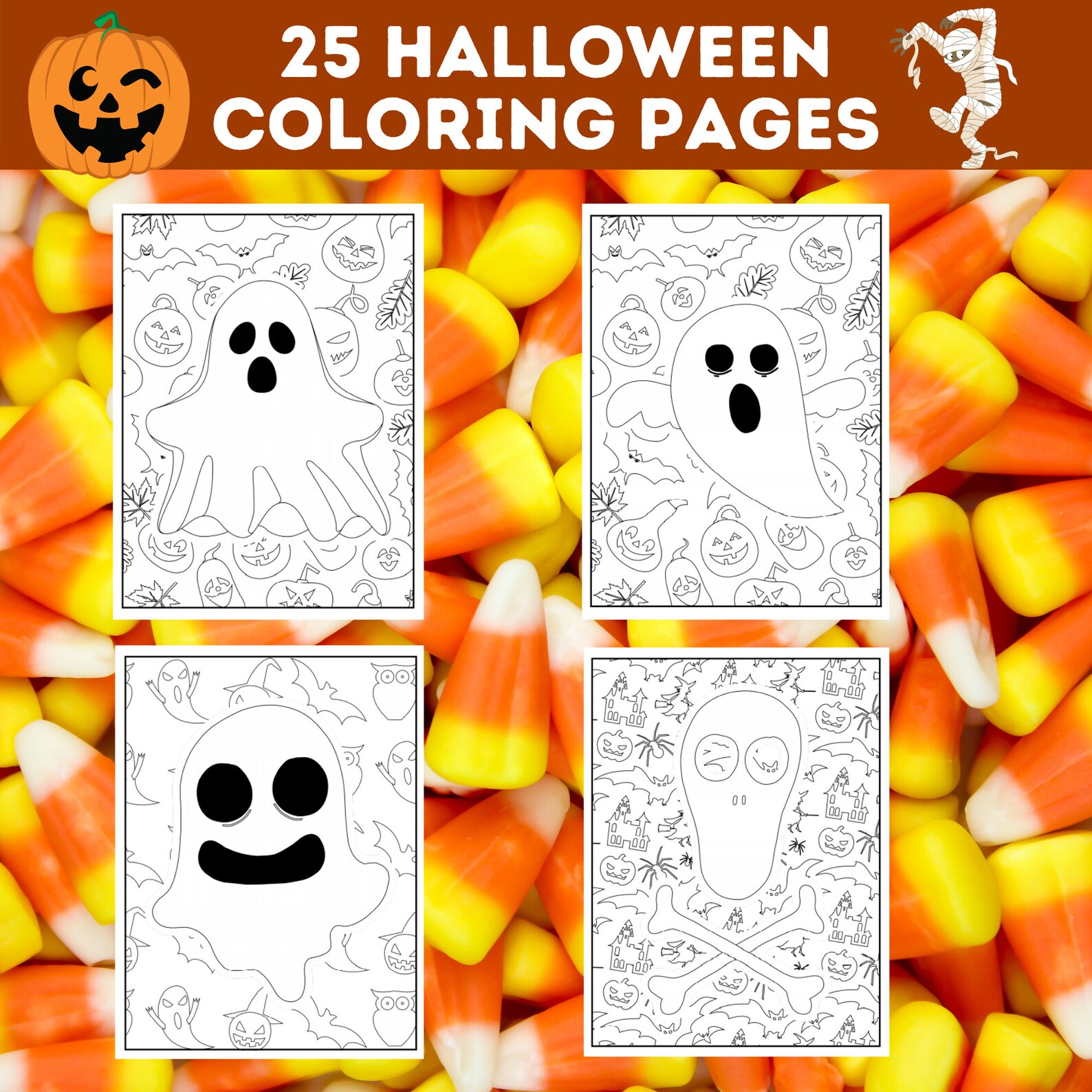 25 Kids Halloween Coloring Pages Bundle, Ghosts, Witches, Jackolanterns