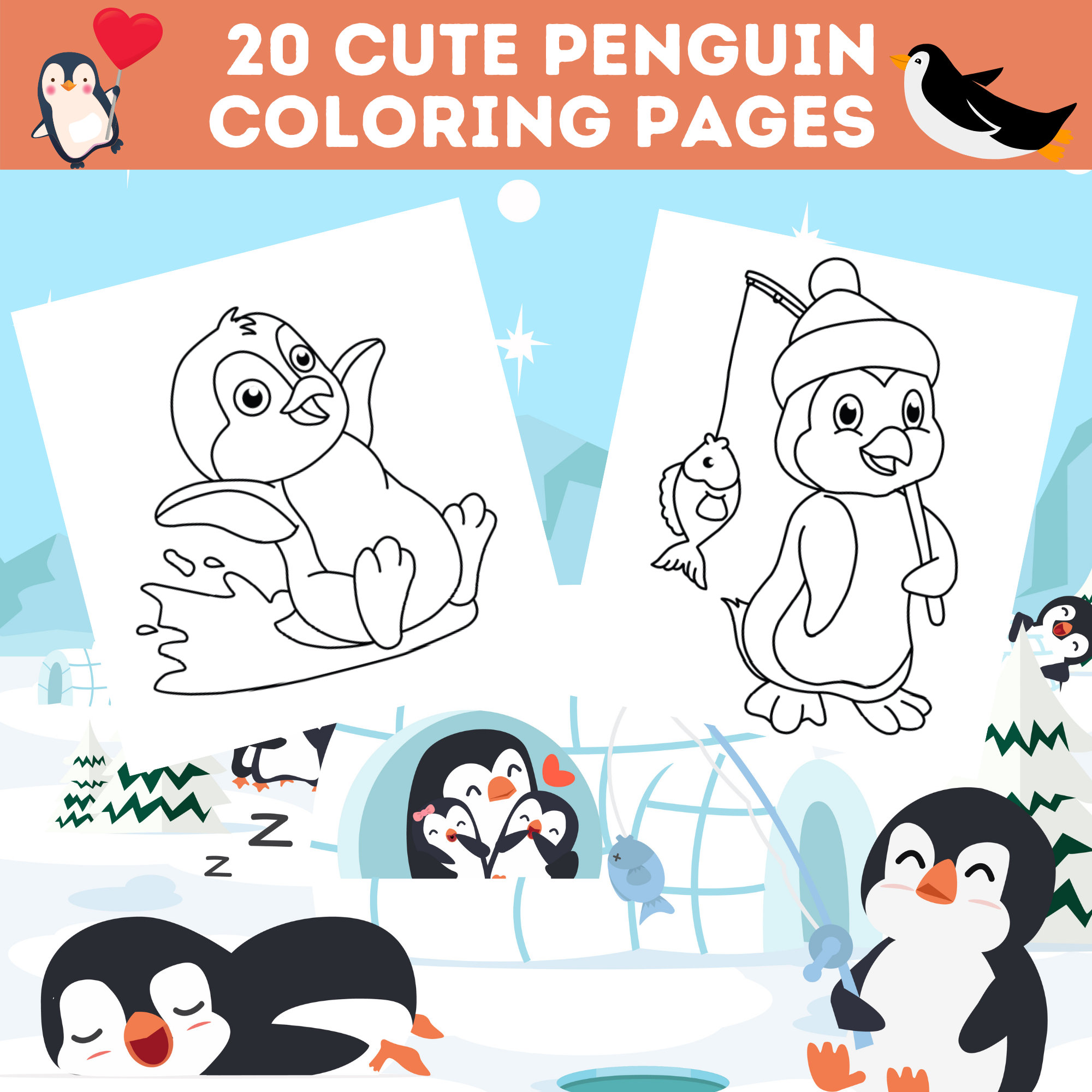 20 Cute Penguin Coloring Pages Bundle, Adorable Penguins to Color, Kids ...
