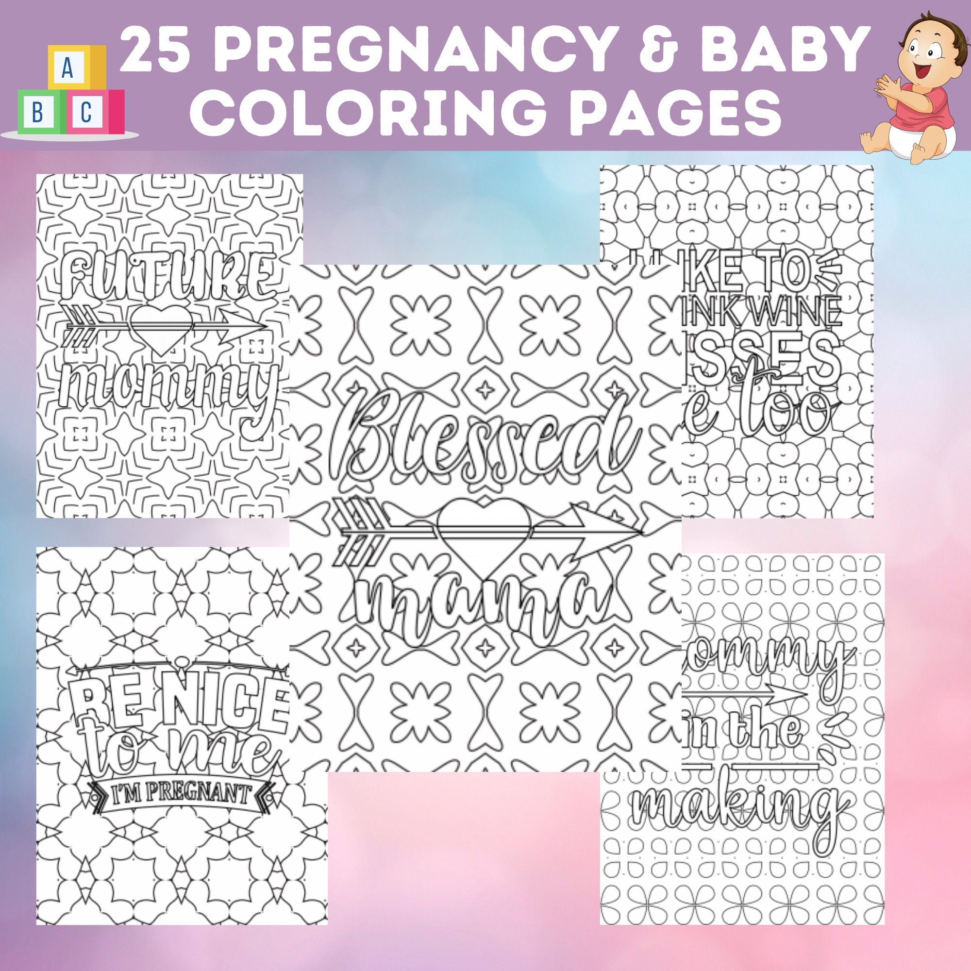 25 Pregnancy and Baby Coloring Pages Bundle, Pregnant Mom Printable