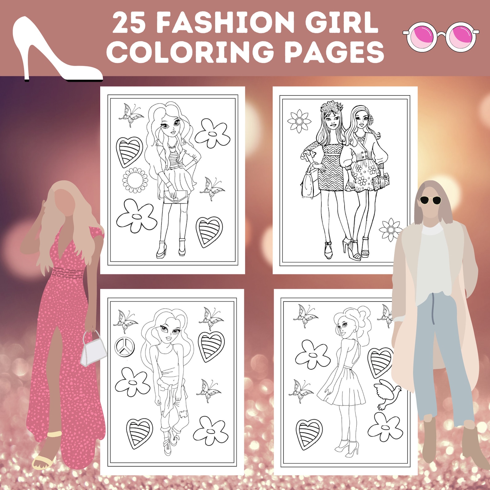 25 Fashion Girl Coloring Pages Bundle, Fashionista Girl Printables