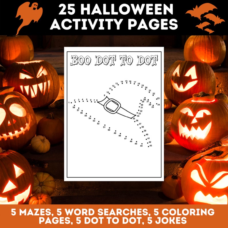May include: A black and white printable activity page with a connect-the-dots puzzle featuring a jack-o'-lantern. The page is titled "BOO DOT TO DOT". The image is surrounded by several lit jack-o'-lanterns.