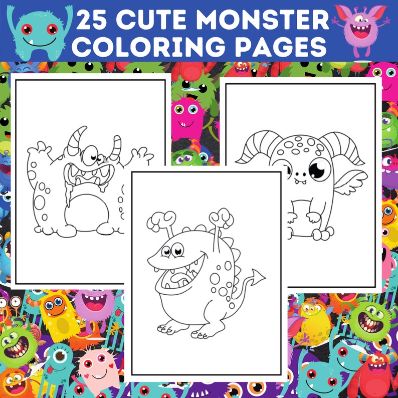 May include: A set of 25 cute monster coloring pages. The pages showcase various cartoon monsters with diverse shapes, horns, and expressions. The illustrations are outlined in black and white, ready for coloring. The background is filled with colourful monster illustrations.