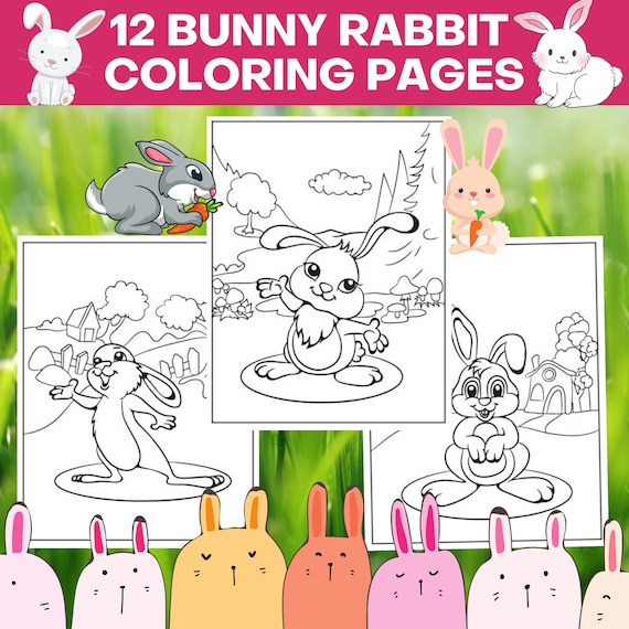 12 printable bunny rabbit coloring pages bundle cute bunny etsy