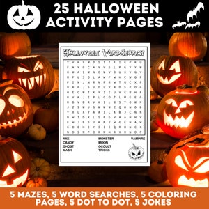 May include: A printable Halloween word search puzzle with a list of Halloween-themed words like "axe", "candy", "ghost", "monster", "moon", "occult", "tricks", and "vampire". The puzzle is surrounded by images of jack-o'-lanterns.