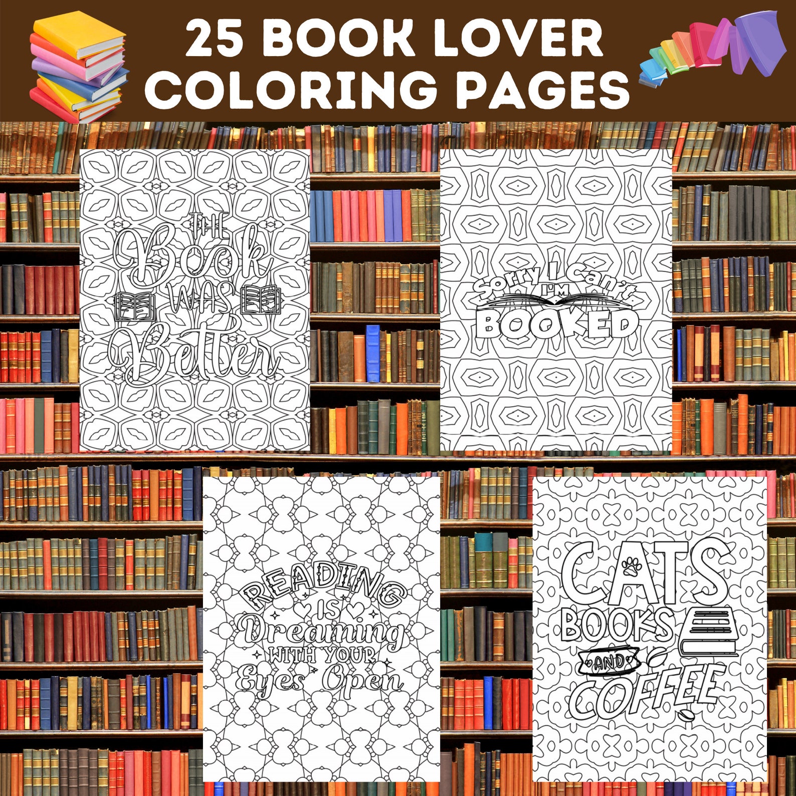 25 Book Lover Coloring Pages Bundle I Love to Read Books Etsy