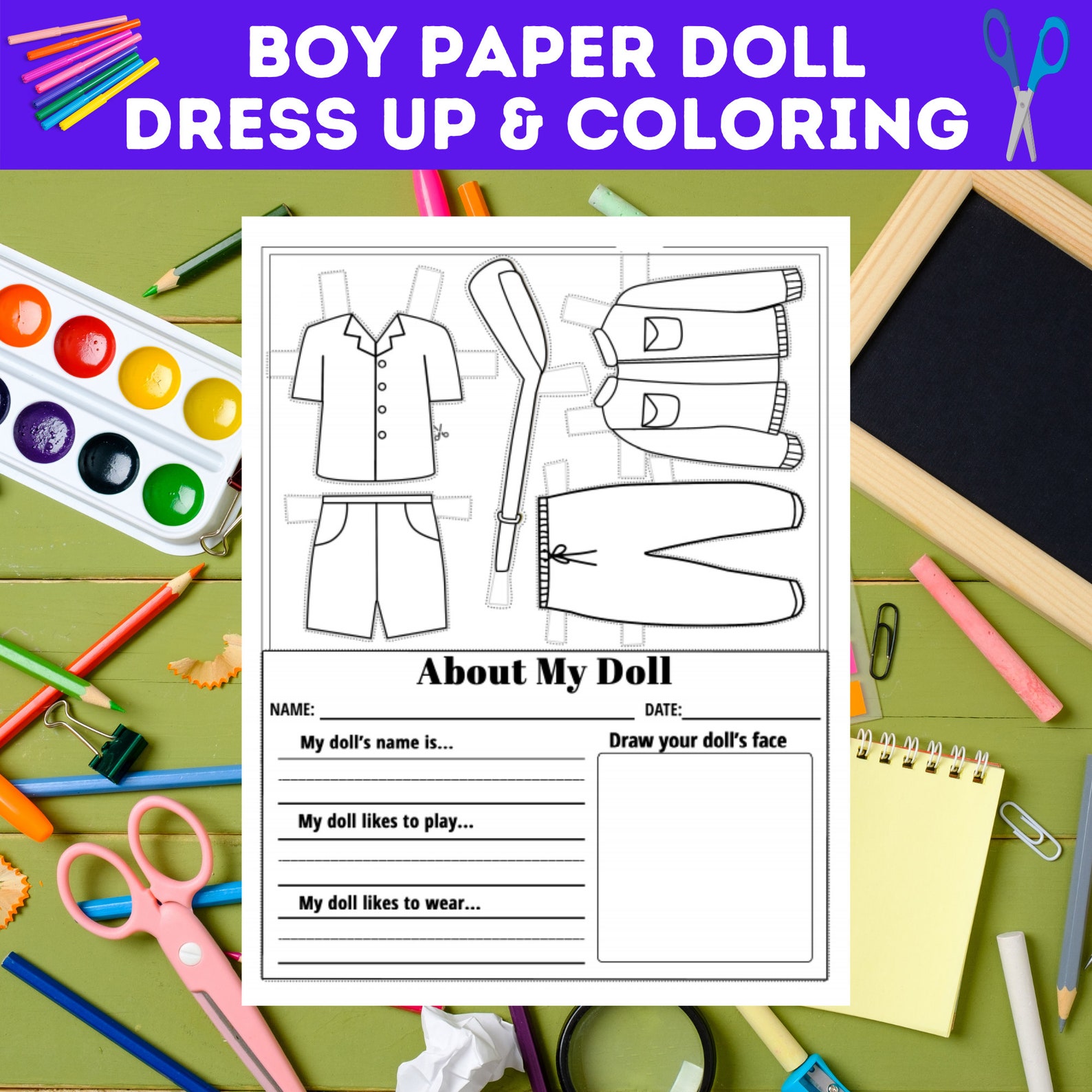 Boy Paper Doll Dress up and Coloring Pages, Comes With Stand, Body ...