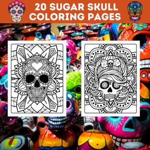 May include: Two black and white sugar skull coloring pages with intricate designs. The pages are set against a background of colorful Day of the Dead sugar skulls.