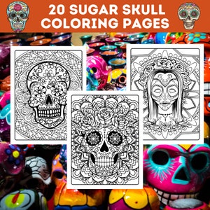 May include: Three black and white coloring pages featuring sugar skull designs. The pages are set against a background of colorful sugar skulls.