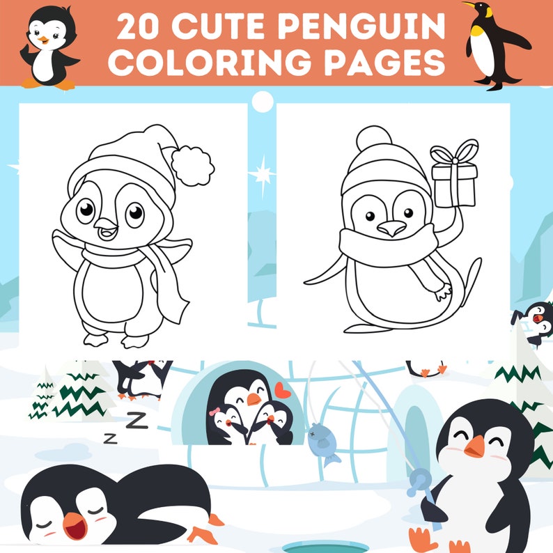 20 Cute Penguin Coloring Pages Bundle, Adorable Penguins To Color, Kids Penguin Coloring Book, Perfect For Kids Birthday, Instant Download image 10