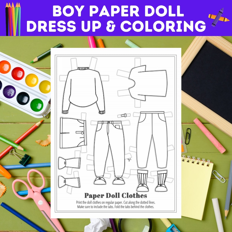 Boy Paper Doll Dress up and Coloring Pages, Comes With Stand, Body ...