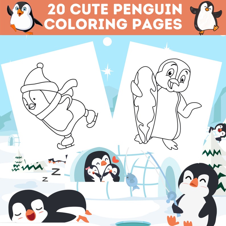 20 Cute Penguin Coloring Pages Bundle, Adorable Penguins To Color, Kids Penguin Coloring Book, Perfect For Kids Birthday, Instant Download image 1