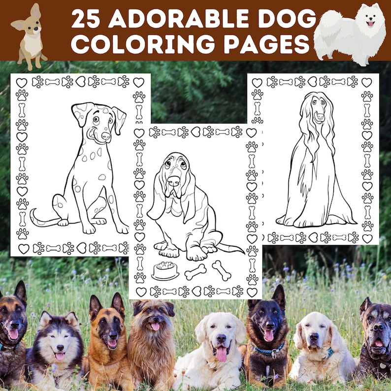 May include: 25 Adorable Dog Coloring Pages.  A collection of black and white dog illustrations, including a Dalmatian, a Basset Hound, an Afghan Hound, and a group of dogs sitting in a field.  Each illustration is surrounded by a border of hearts and paw prints.