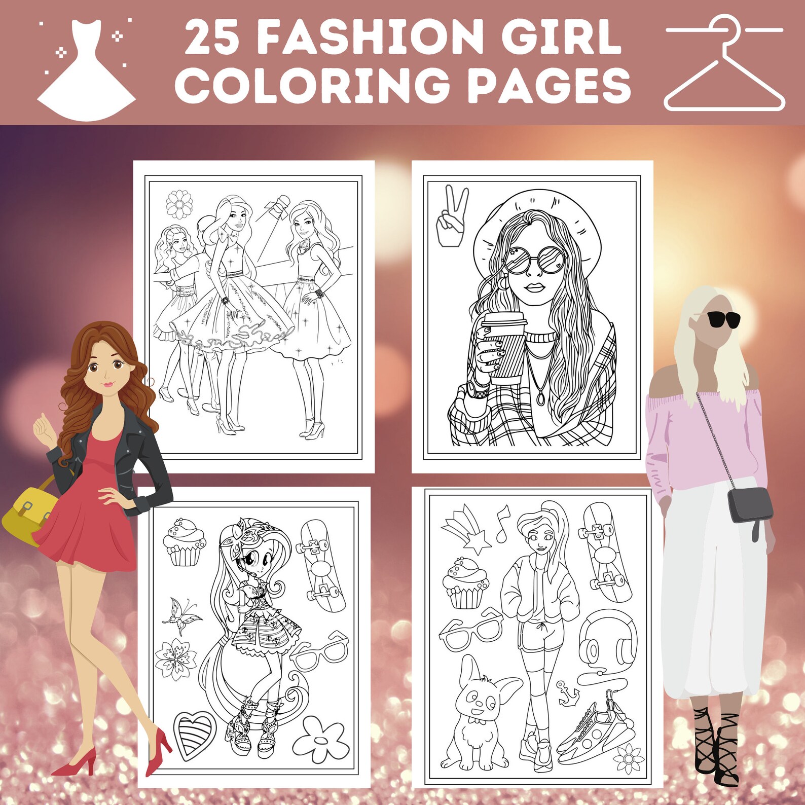 25 Fashion Girl Coloring Pages Bundle, Fashionista Girl Printables, Fashion Coloring Book ...