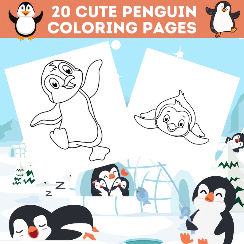 20 Cute Penguin Coloring Pages Bundle, Adorable Penguins To Color, Kids Penguin Coloring Book, Perfect For Kids Birthday, Instant Download image 5