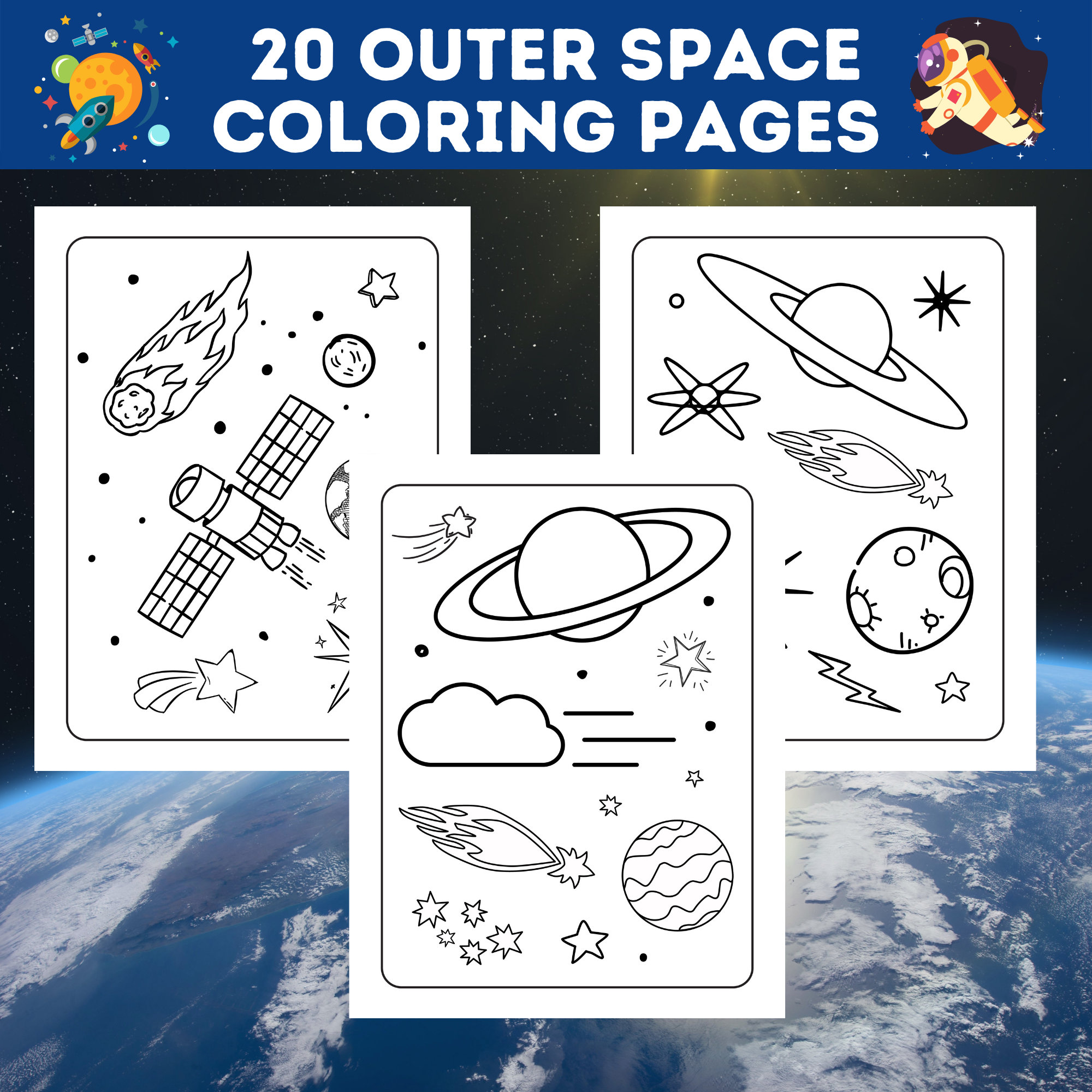 20 Outer Space Coloring Pages Bundle, Rockets, Planets, Stars ...