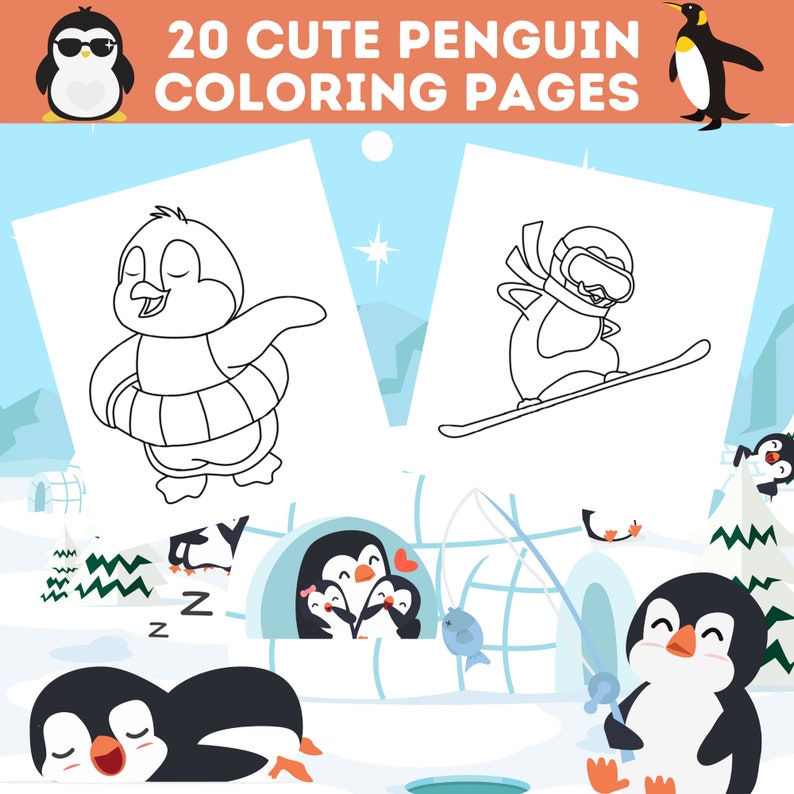 20 Cute Penguin Coloring Pages Bundle, Adorable Penguins To Color, Kids Penguin Coloring Book, Perfect For Kids Birthday, Instant Download image 2