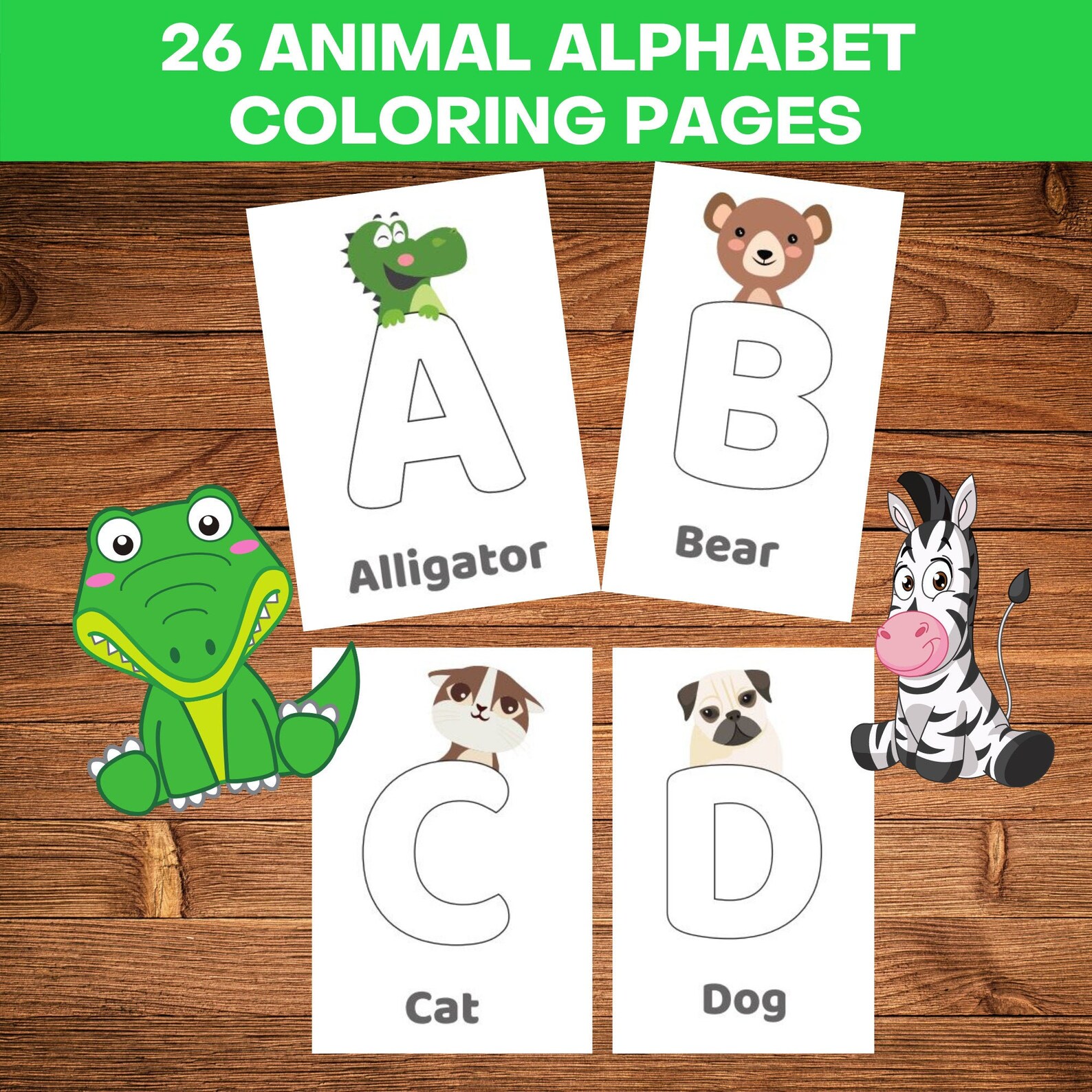 26 Printable Animal Alphabet Coloring Pages Bundle, Cute Animals