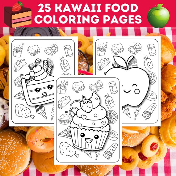 25 Cute Kawaii Food Coloring Pages Bundle Sweets Desserts