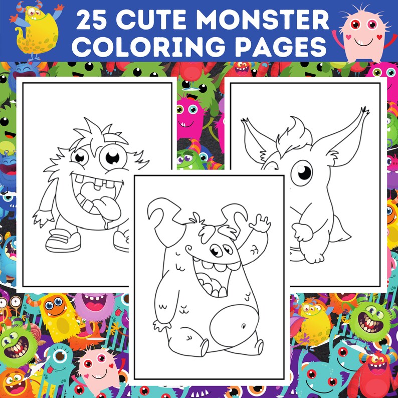 May include: Three black and white coloring pages with monster illustrations. The pages show different monster designs, including one with a tongue sticking out. The text "25 Cute Monster Coloring Pages" is at the top of the image.