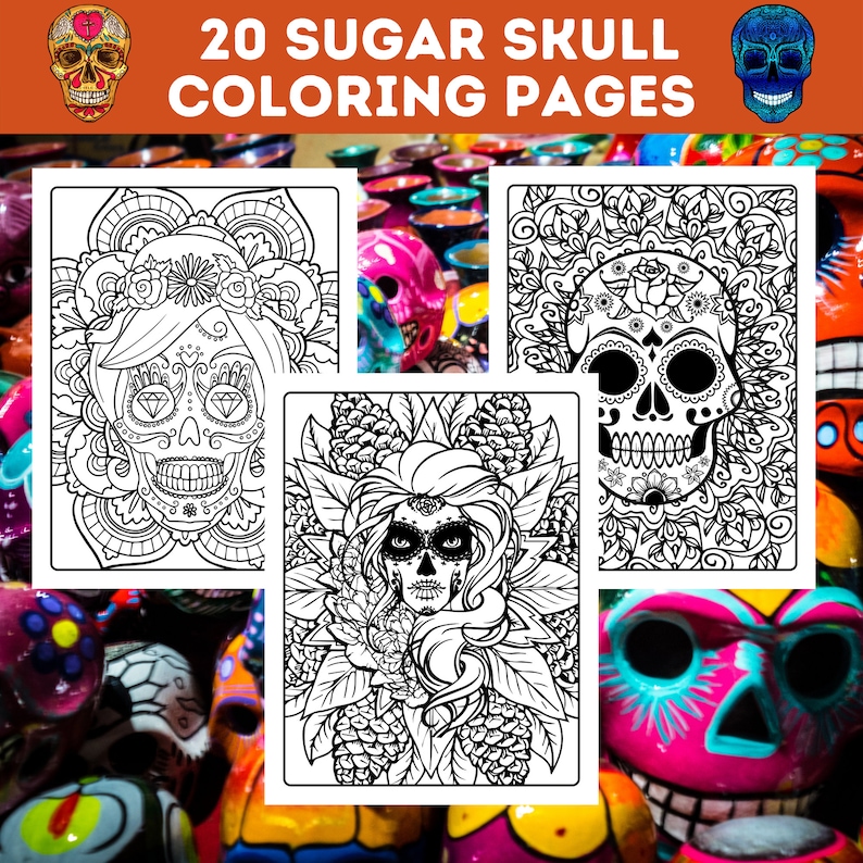 May include: Three black and white coloring pages featuring sugar skull designs. The first page shows a sugar skull with a floral design. The second page shows a sugar skull with a floral design and a woman's face. The third page shows a sugar skull with a floral design.
