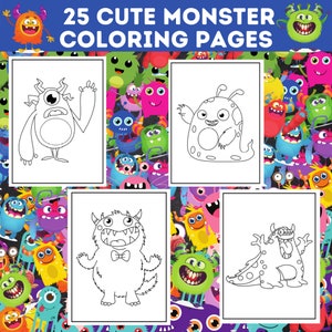 May include: Four black and white coloring pages with cute monster illustrations, with the text "25 Cute Monster Coloring Pages" at the top. The background is a colourful pattern of various monster designs. Each page features a different monster.