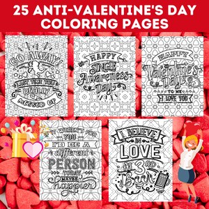 Może przedstawiać: Zestaw 5 czarno-białych kartek do kolorowania z antywatyntynkowymi przesłaniami. Przesłania obejmują: "Go Away!", "Happy Single Awareness Day", "Happy Valentine's Day To Me I Love You", "If It Weren't For You I'd Be A Different Person Today Maybe Happier", and "I Believe In Love At 3rd Beer".