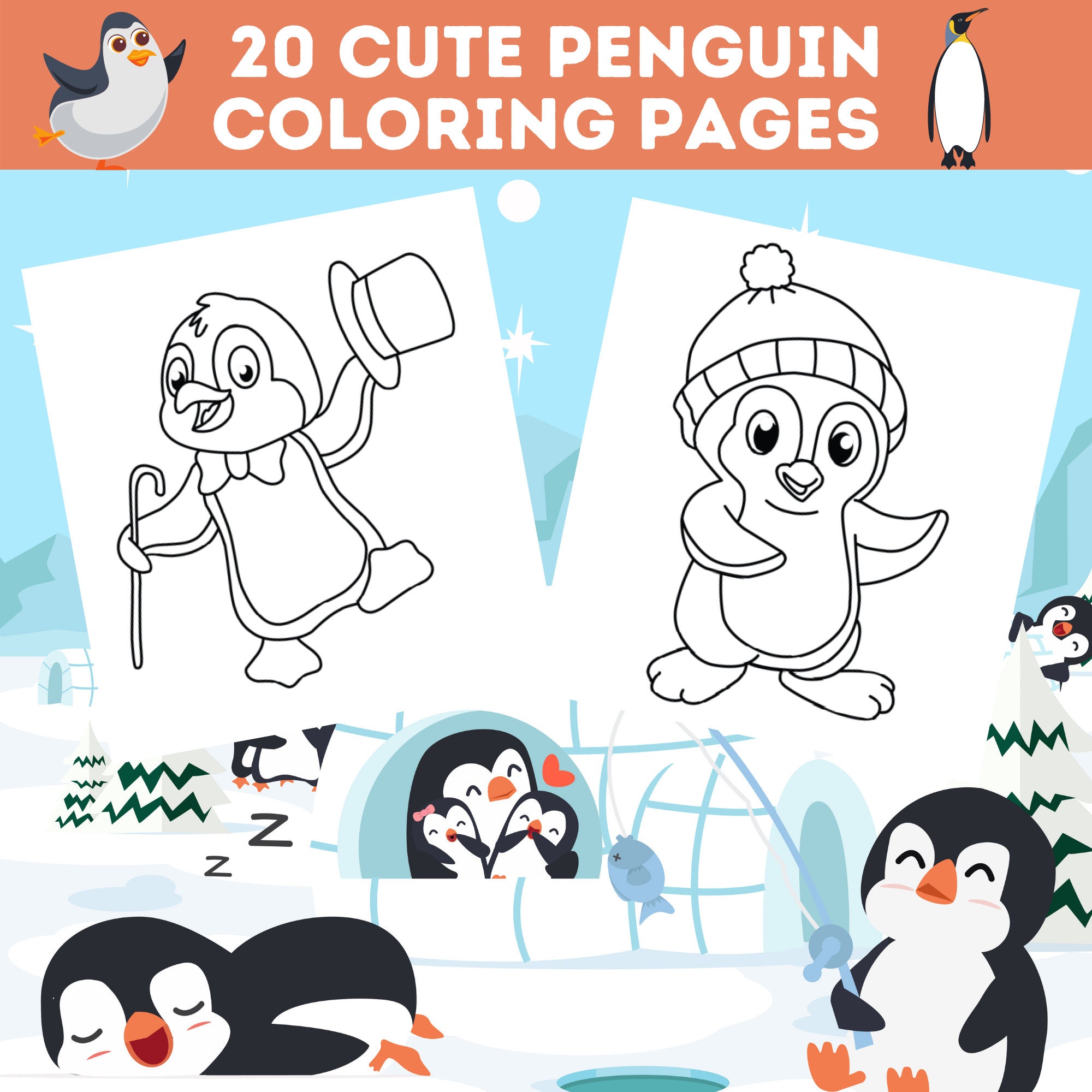 20 Cute Penguin Coloring Pages Bundle Adorable Penguins to - Etsy
