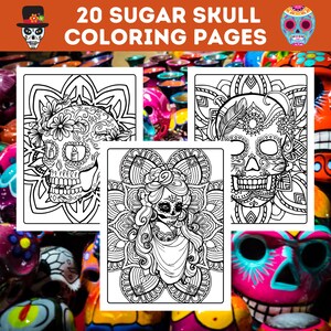 May include: Three black and white coloring pages featuring sugar skulls with intricate designs. The pages are set against a background of colorful sugar skulls.
