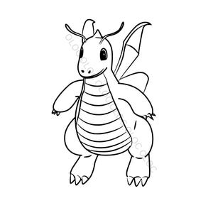 May include: Black and white line art illustration of a cartoon dragon-like creature. The creature has a long neck, small wings, and a striped belly. It is standing upright with its arms and legs spread.